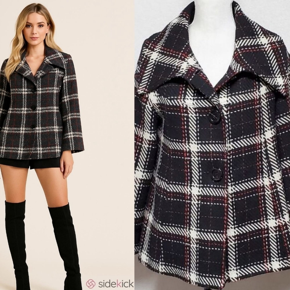 AK Anne Klein Vintage 1980s Houndstooth Tartan Plaid Flare Sleeve Swing Coat S